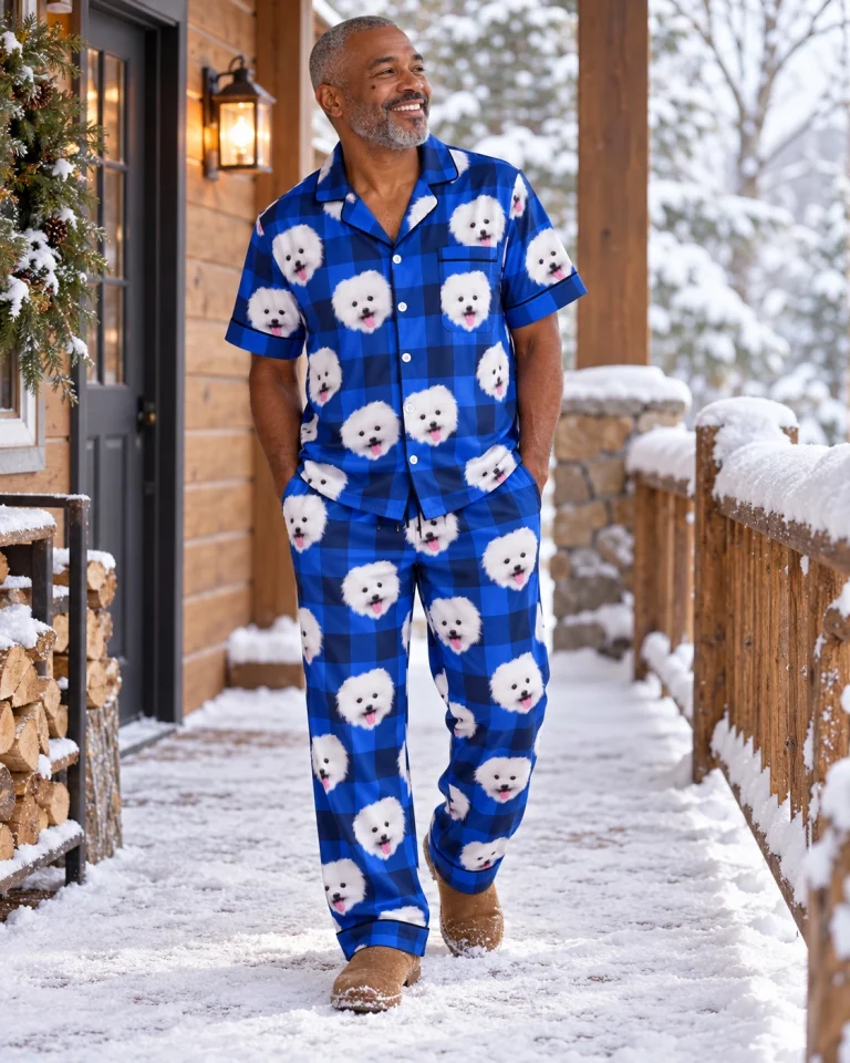Man wearing couples Christmas pajamas covered in white Pomeranian faces on blue plaid satin — MyDogPics