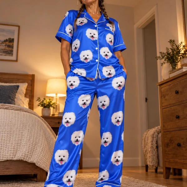 Woman posing in couples Christmas pajamas, white Pomeranian faces on royal blue satin — MyDogPics