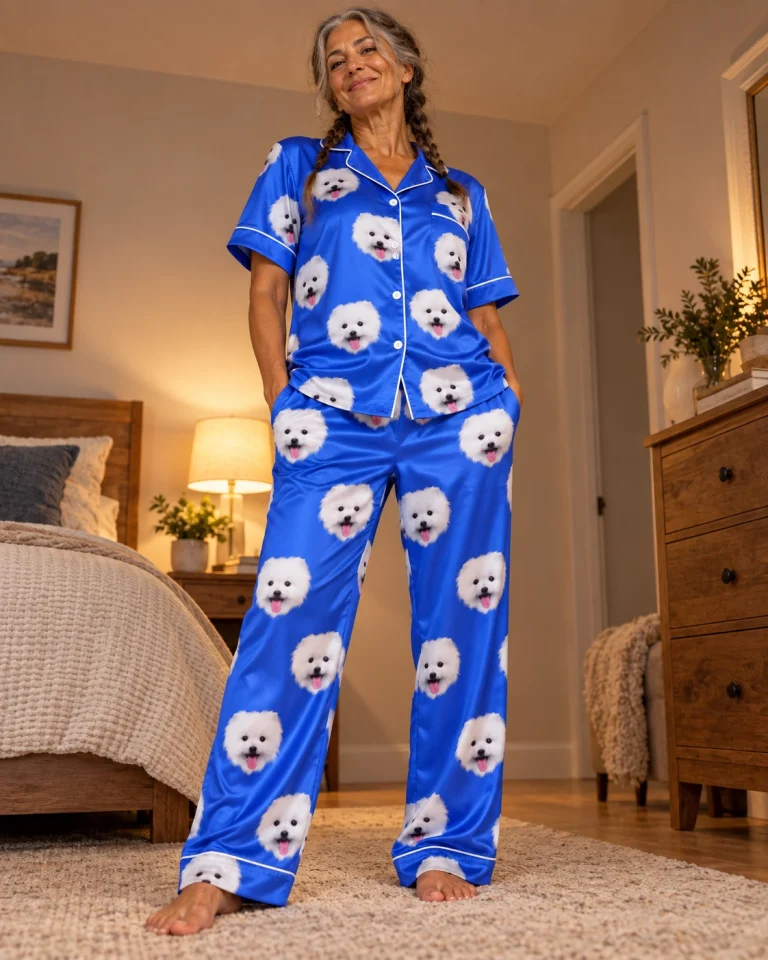 Woman posing in couples Christmas pajamas, white Pomeranian faces on royal blue satin — MyDogPics