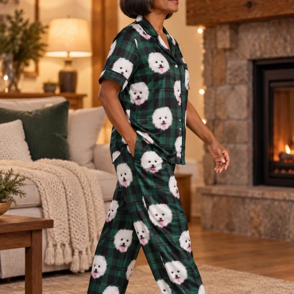 Side view of couples Christmas pajamas with white Pomeranian faces on green plaid satin — MyDogPics