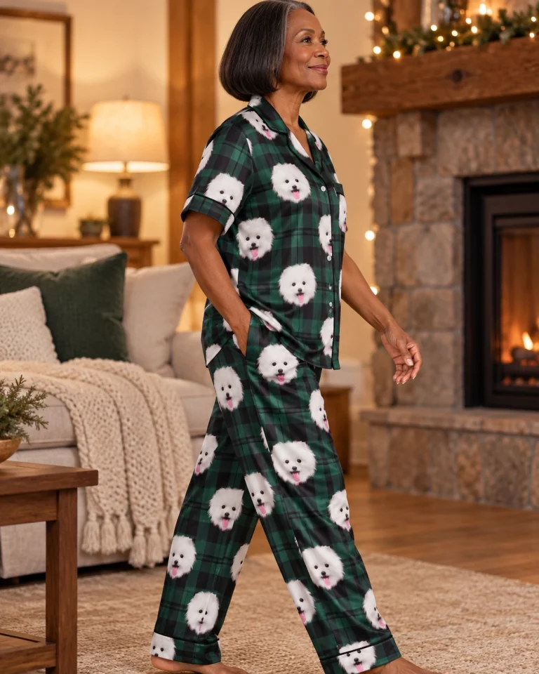 Side view of couples Christmas pajamas with white Pomeranian faces on green plaid satin — MyDogPics