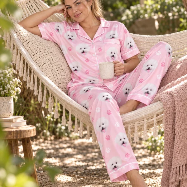 Woman sitting in couples Christmas pajamas covered in white Pomeranian faces — MyDogPics