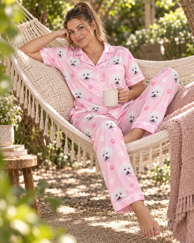 Woman sitting in couples Christmas pajamas covered in white Pomeranian faces — MyDogPics
