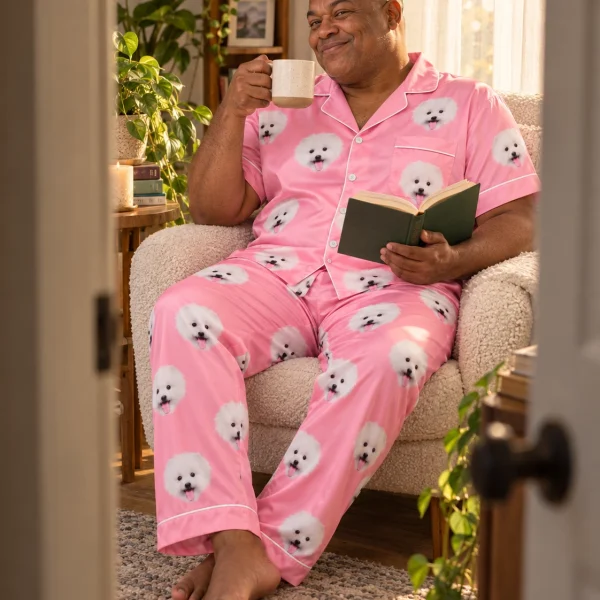 Man sitting in couples Christmas pajamas covered in white Pomeranian faces — MyDogPics