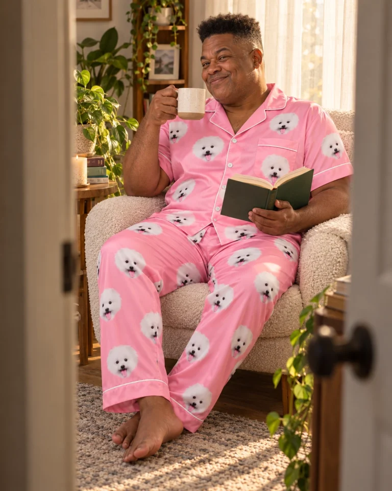 Man sitting in couples Christmas pajamas covered in white Pomeranian faces — MyDogPics