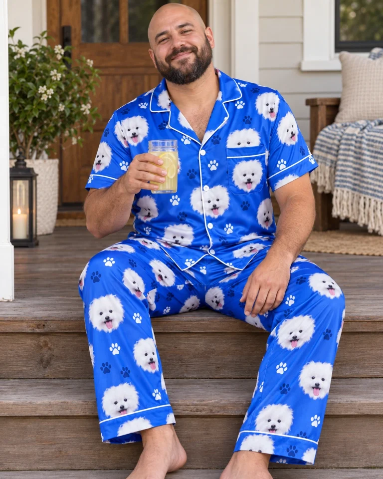 Man sitting in couples Christmas pajamas covered in white Pomeranian faces — MyDogPics