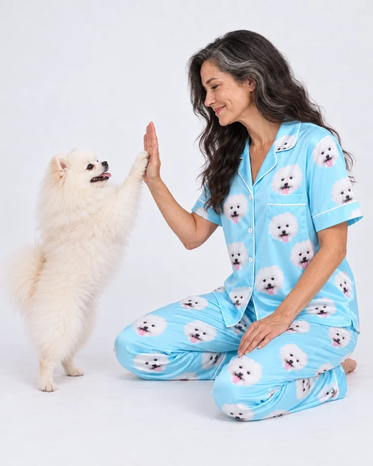 Woman in couples Christmas pajamas with her Pomeranian — MyDogPics