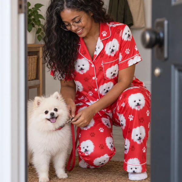 Woman in couples Christmas pajamas with her Pomeranian — MyDogPics