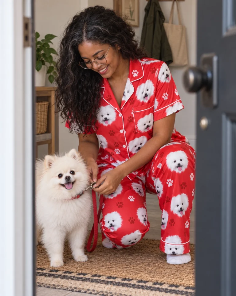 Woman in couples Christmas pajamas with her Pomeranian — MyDogPics