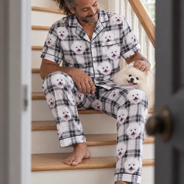 Man in couples Christmas pajamas with his Pomeranian — MyDogPics