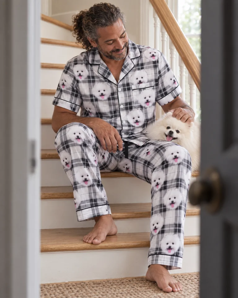 Man in couples Christmas pajamas with his Pomeranian — MyDogPics