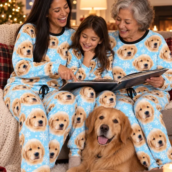 Woman and family in matching cozy pajamas with golden retriever puppy faces on light blue snowflake fabric — MyDogPics