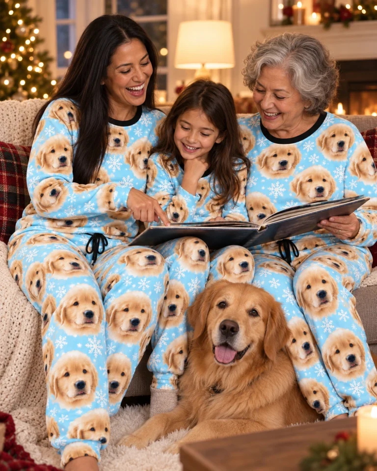 Woman and family in matching cozy pajamas with golden retriever puppy faces on light blue snowflake fabric — MyDogPics