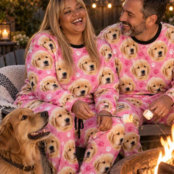 Woman and her partner in matching cozy pajamas with golden retriever puppy faces on pink paw-print fabric — MyDogPics