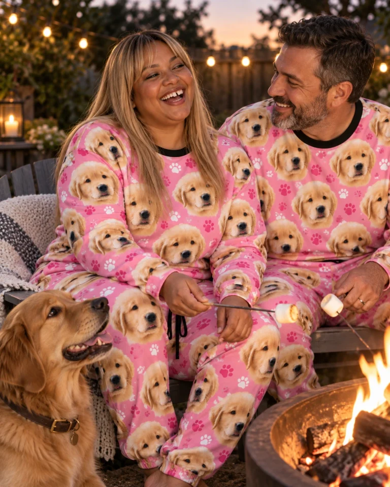 Woman and her partner in matching cozy pajamas with golden retriever puppy faces on pink paw-print fabric — MyDogPics