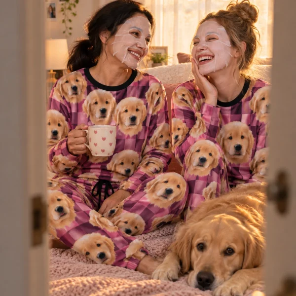 Woman and a friend in matching cozy pajamas with golden retriever puppy faces on pink plaid fabric — MyDogPics