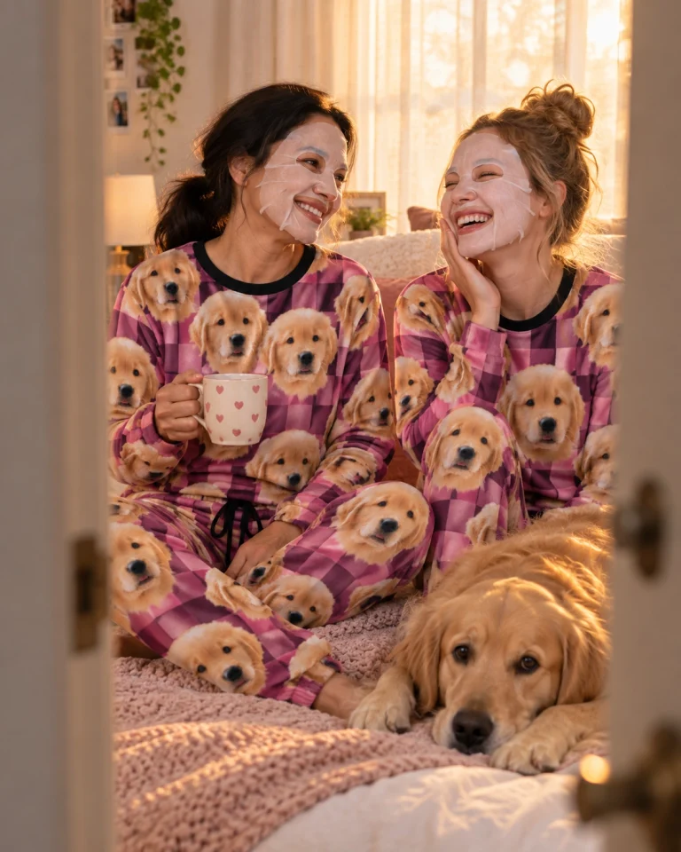 Woman and a friend in matching cozy pajamas with golden retriever puppy faces on pink plaid fabric — MyDogPics