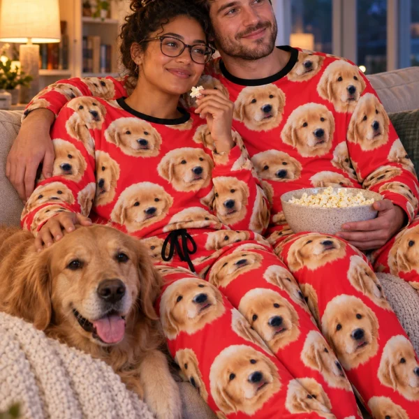 Woman and her partner in matching cozy pajamas with golden retriever puppy faces on red fabric — MyDogPics