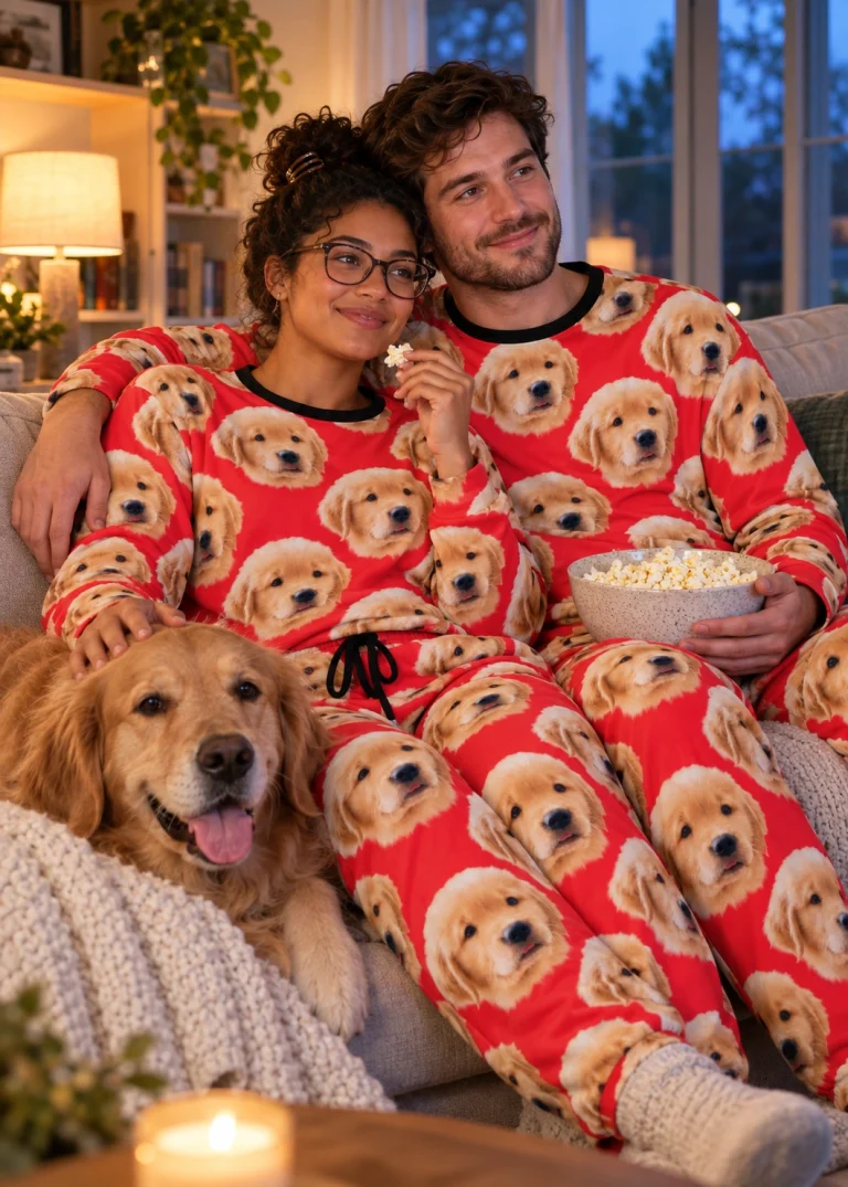 Woman and her partner in matching cozy pajamas with golden retriever puppy faces on red fabric — MyDogPics