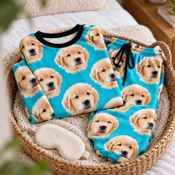 Flat lay of cozy pajamas: top and pants covered in golden retriever puppy faces — MyDogPics