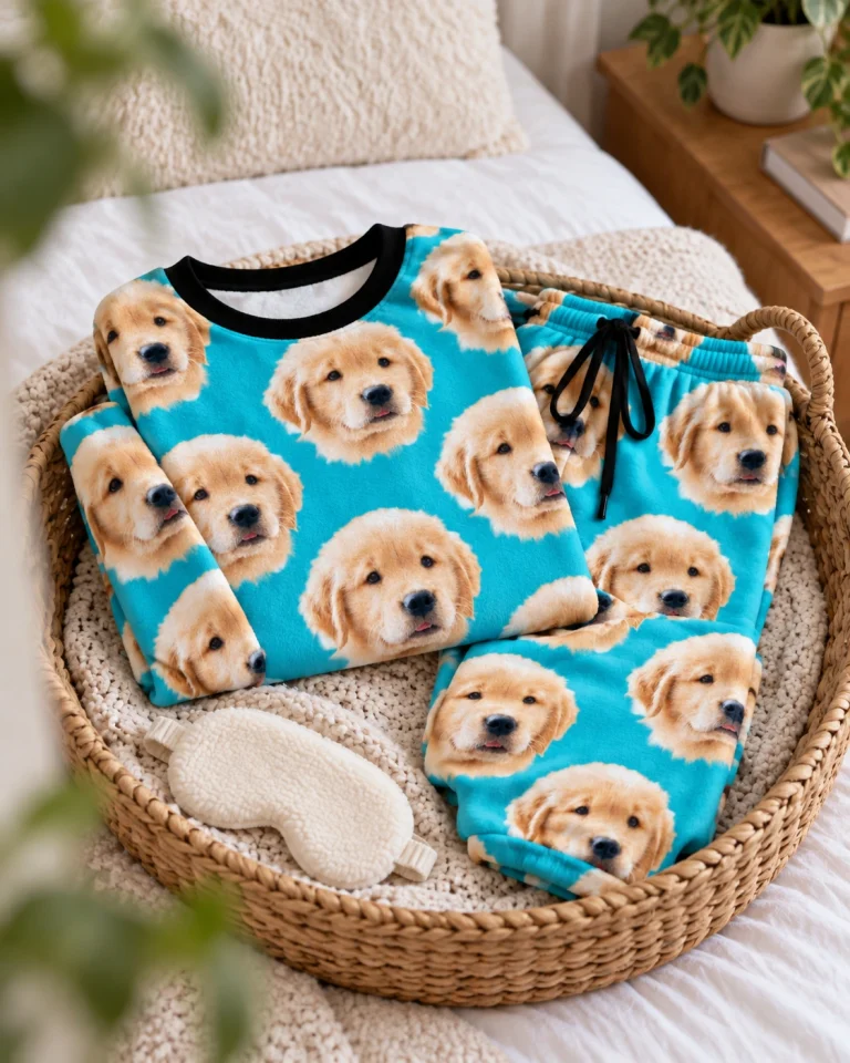 Flat lay of cozy pajamas: top and pants covered in golden retriever puppy faces — MyDogPics