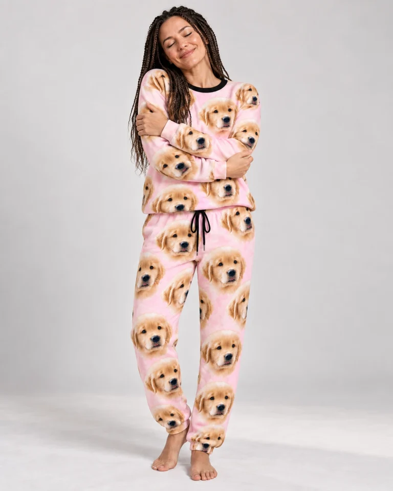 Woman wearing cozy pajamas covered in golden retriever puppy faces on blush pink fabric — MyDogPics