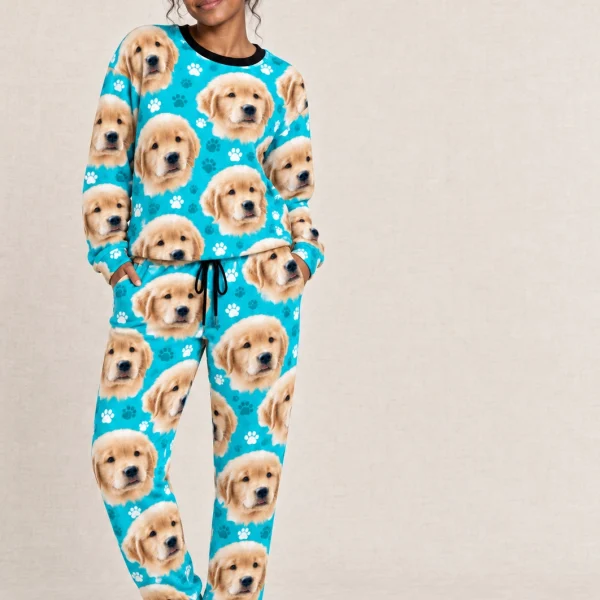 Woman wearing cozy pajamas covered in golden retriever puppy faces on teal paw-print fabric — MyDogPics