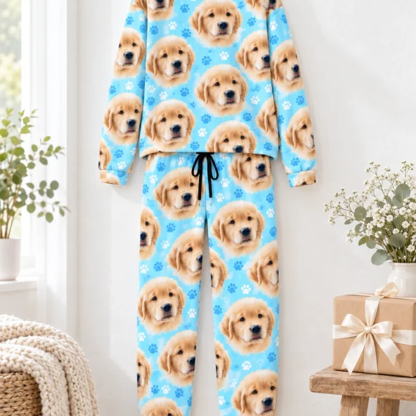 Cozy pajamas top and pants hanging up, covered in golden retriever puppy faces — MyDogPics