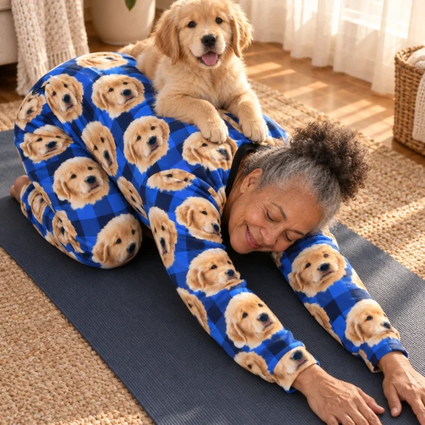 Woman in cozy pajamas with her golden retriever puppy — MyDogPics