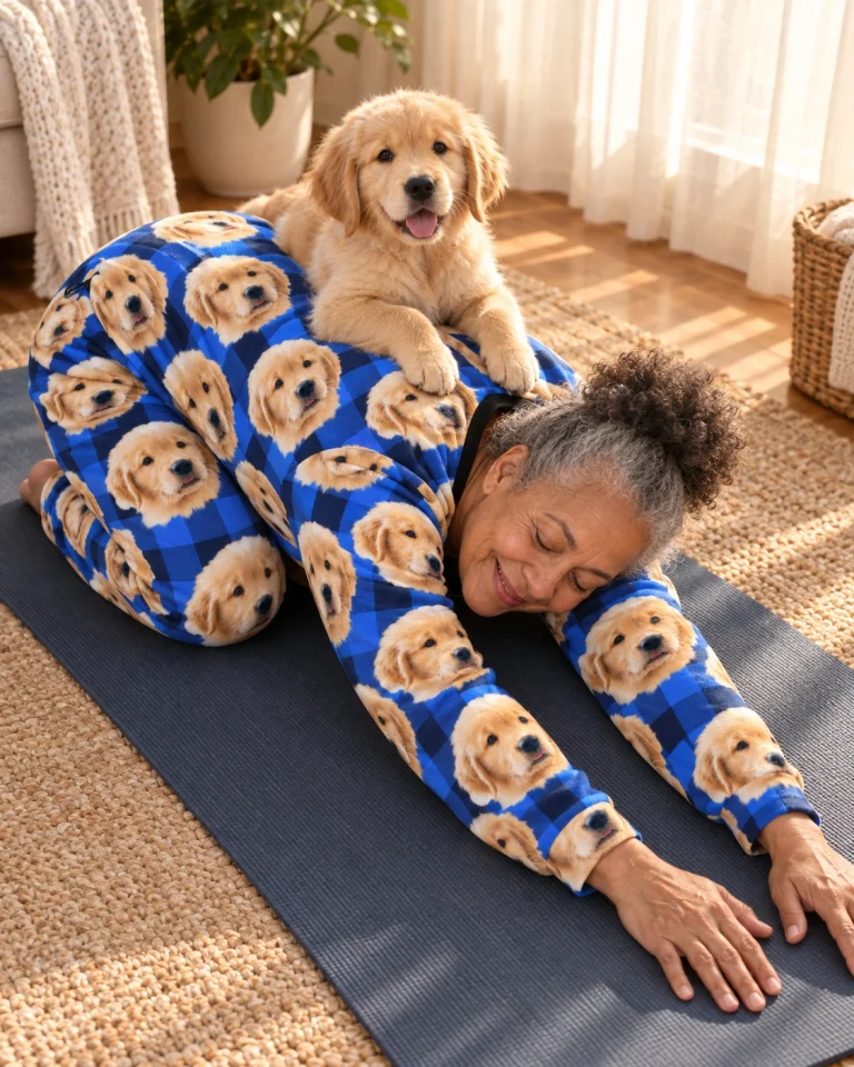 Woman in cozy pajamas with her golden retriever puppy — MyDogPics