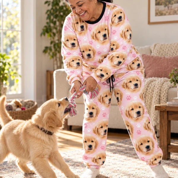Woman in cozy pajamas with her golden retriever puppy — MyDogPics