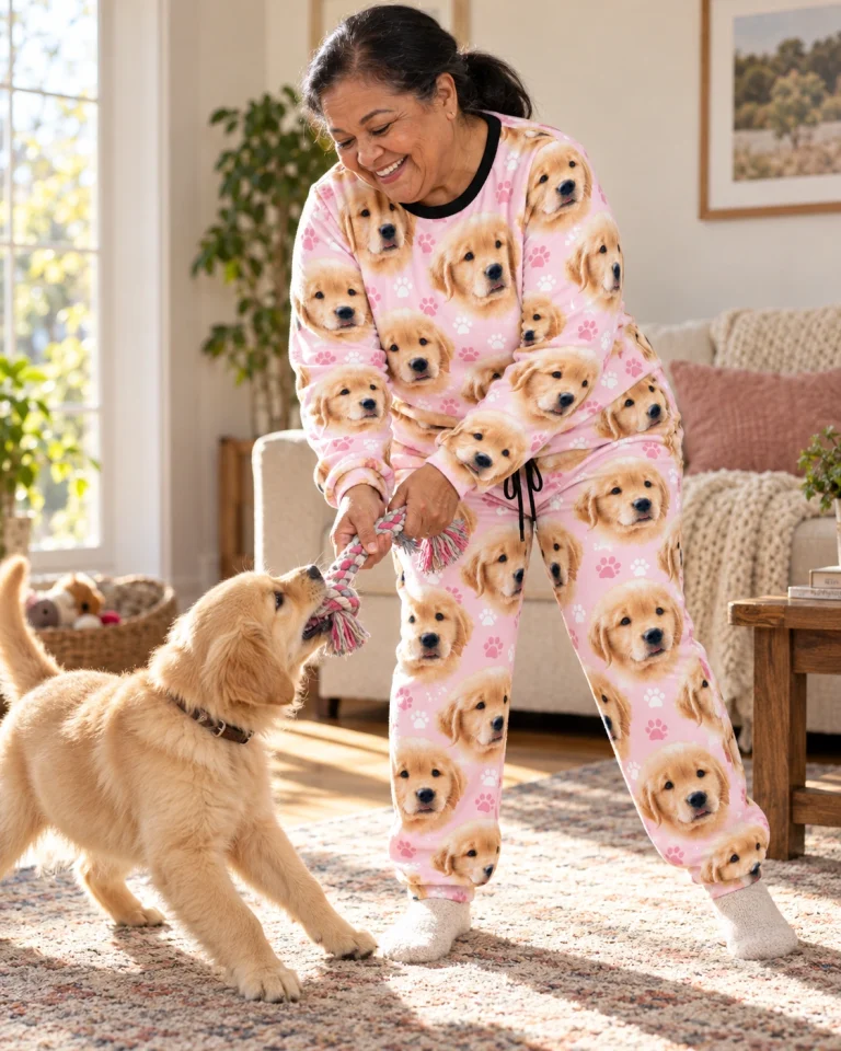 Woman in cozy pajamas with her golden retriever puppy — MyDogPics