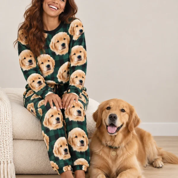 Woman in cozy pajamas with a golden retriever — MyDogPics