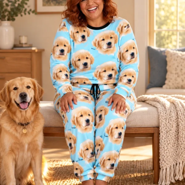 Woman in cozy pajamas with a golden retriever — MyDogPics