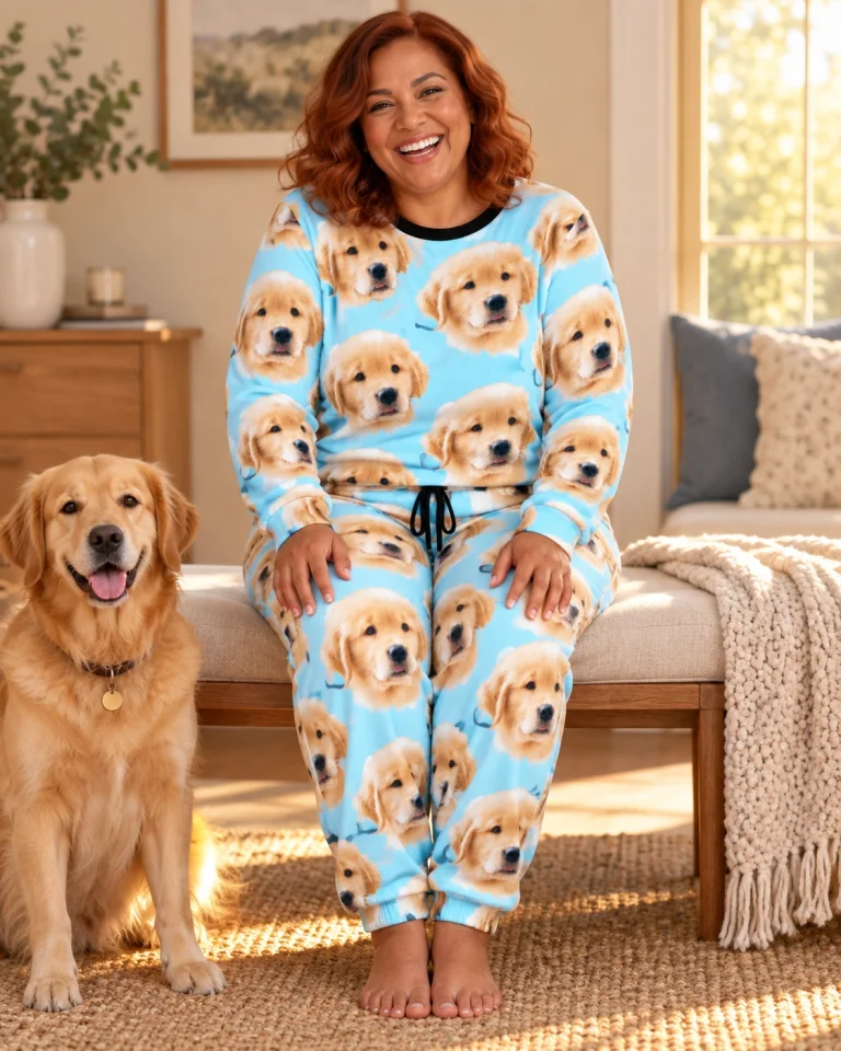 Woman in cozy pajamas with a golden retriever — MyDogPics