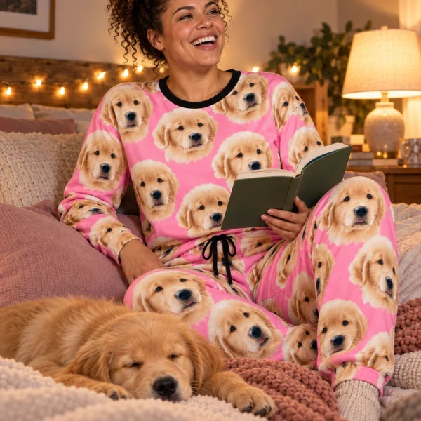 Woman in cozy pajamas with a golden retriever — MyDogPics