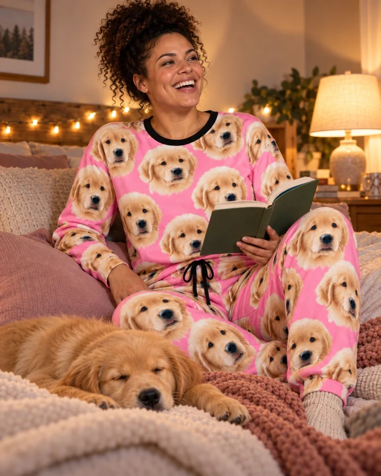 Woman in cozy pajamas with a golden retriever — MyDogPics