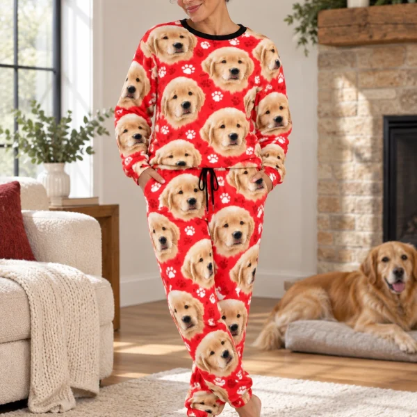 Woman in cozy pajamas with a golden retriever — MyDogPics
