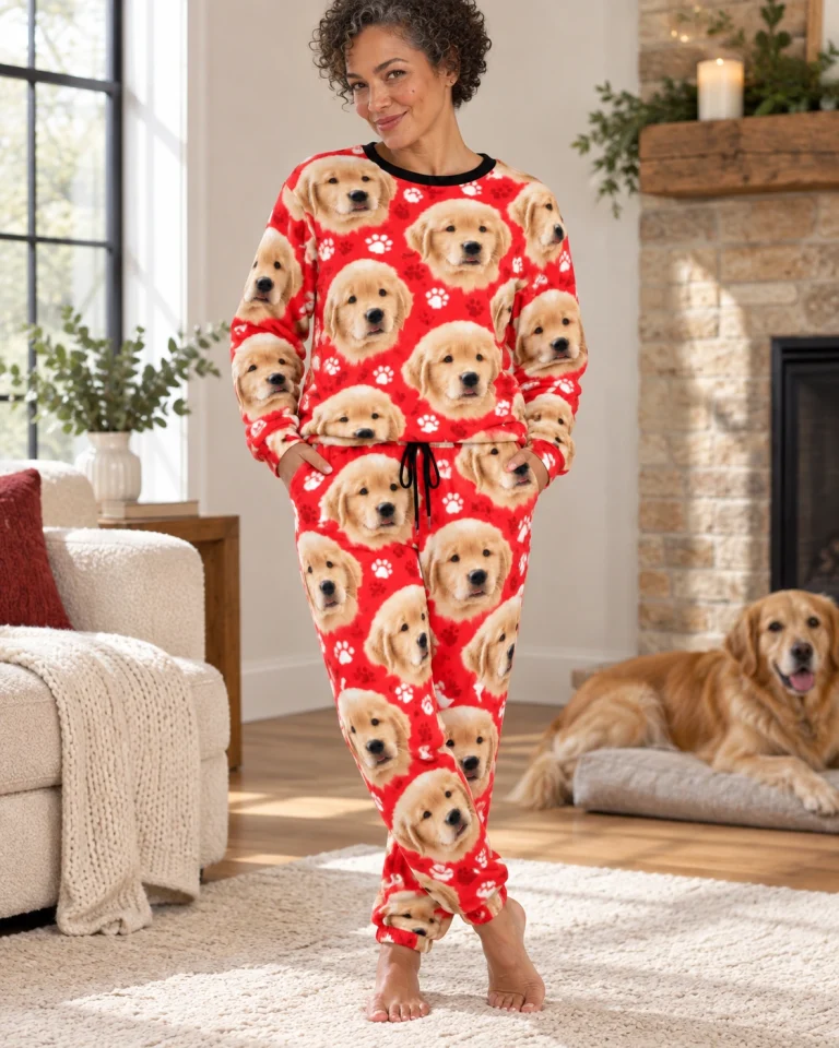 Woman in cozy pajamas with a golden retriever — MyDogPics