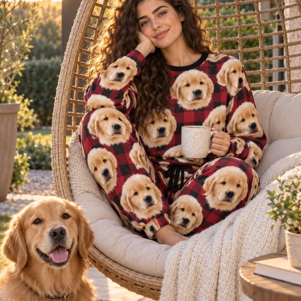 Woman in cozy pajamas with a golden retriever — MyDogPics