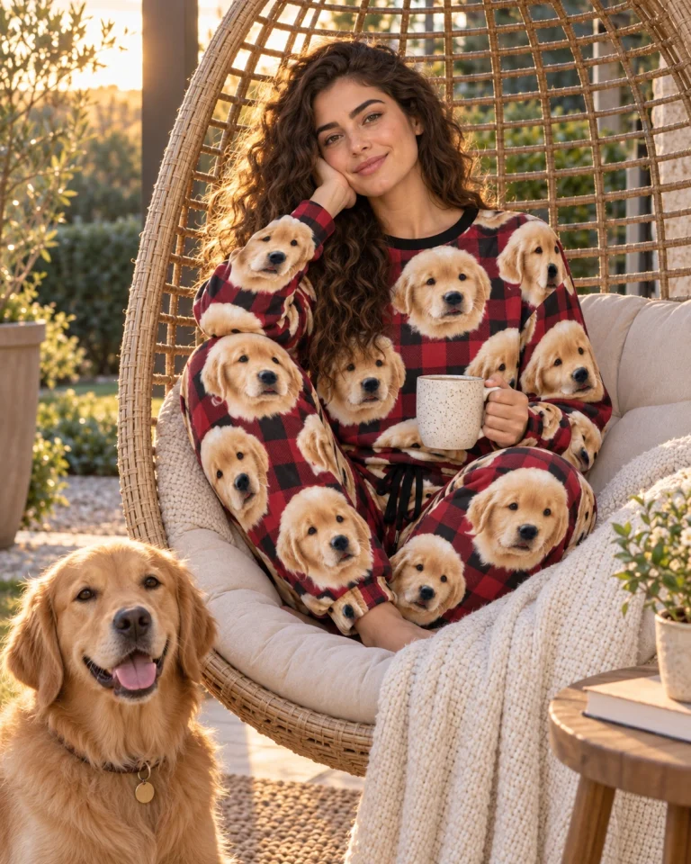 Woman in cozy pajamas with a golden retriever — MyDogPics
