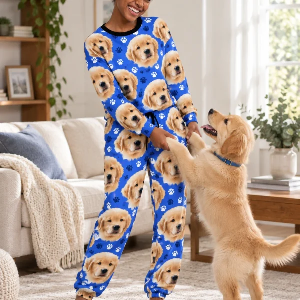 Woman in cozy pajamas with her golden retriever puppy — MyDogPics