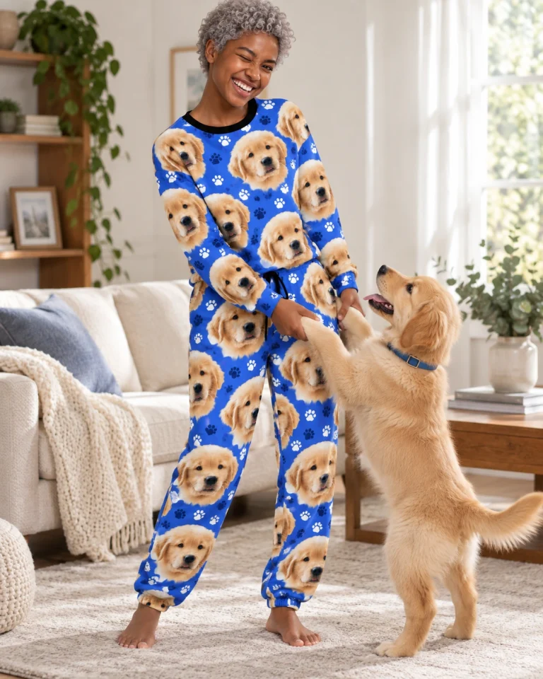 Woman in cozy pajamas with her golden retriever puppy — MyDogPics
