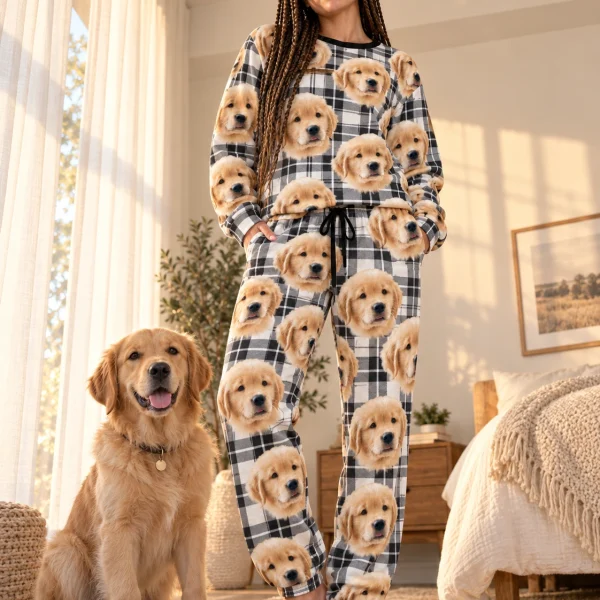 Woman in cozy pajamas with a golden retriever — MyDogPics