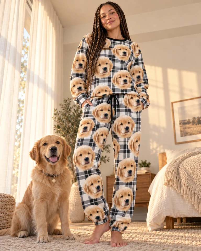 Woman in cozy pajamas with a golden retriever — MyDogPics