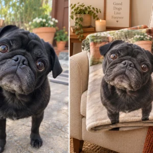 Pug photo turned into a custom dog blanket, before and after — MyDogPics
