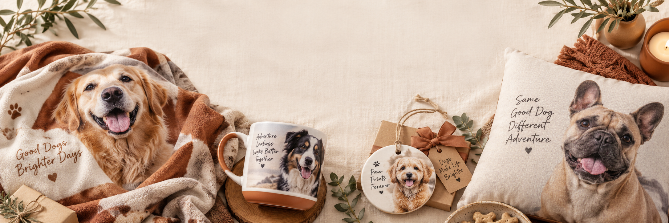 Flat lay of custom dog gifts made from photos: blanket, mug, ornament and pillow — MyDogPics