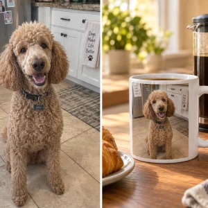 Poodle photo turned into a custom dog photo mug, before and after — MyDogPics