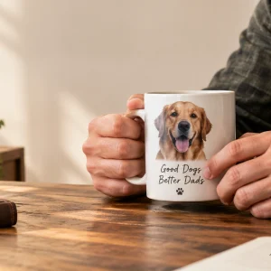 Man holding a custom dog photo mug printed with his golden retriever's photo — MyDogPics