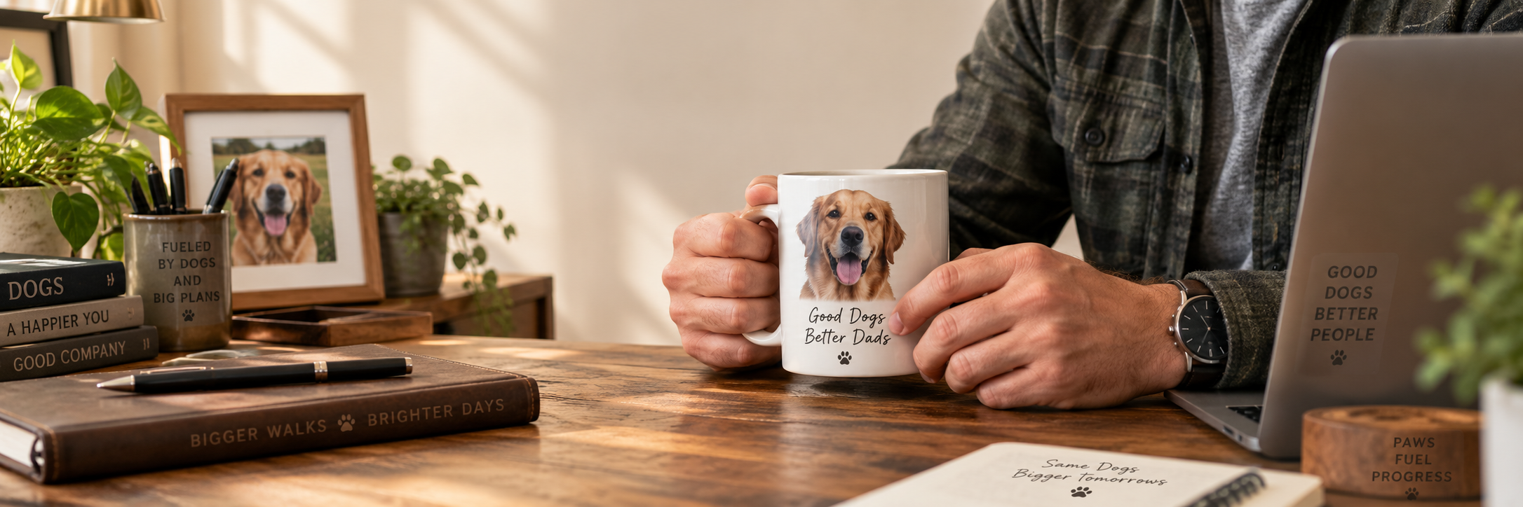 Man holding a custom dog photo mug printed with his golden retriever's photo — MyDogPics